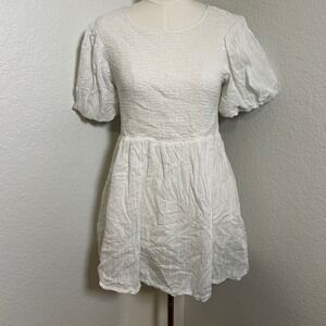 LOST + WANDER White Smocked Puff Sleeve Mini Dress Women's Size Large Stretch